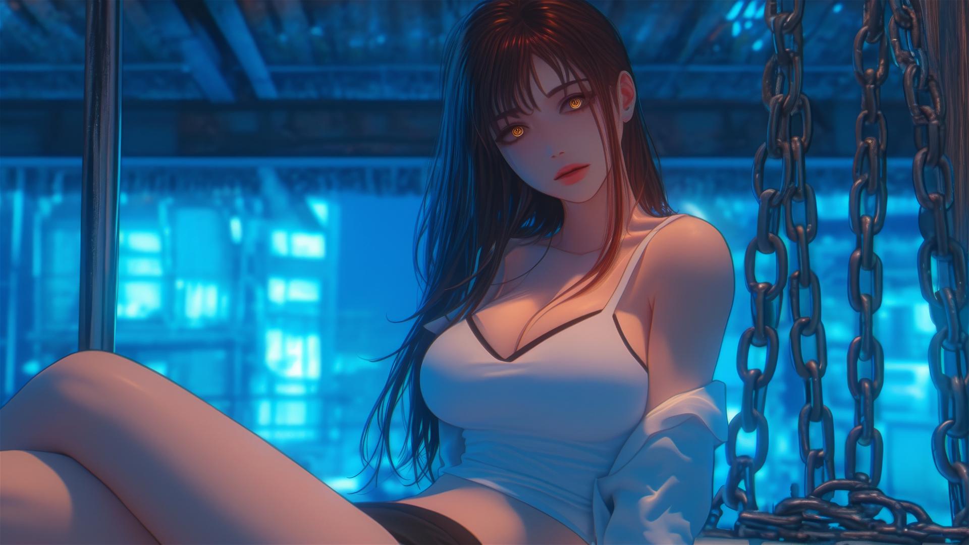 Makima from Chainsaw Man chained by the neck, resting in a tub under moonlight
