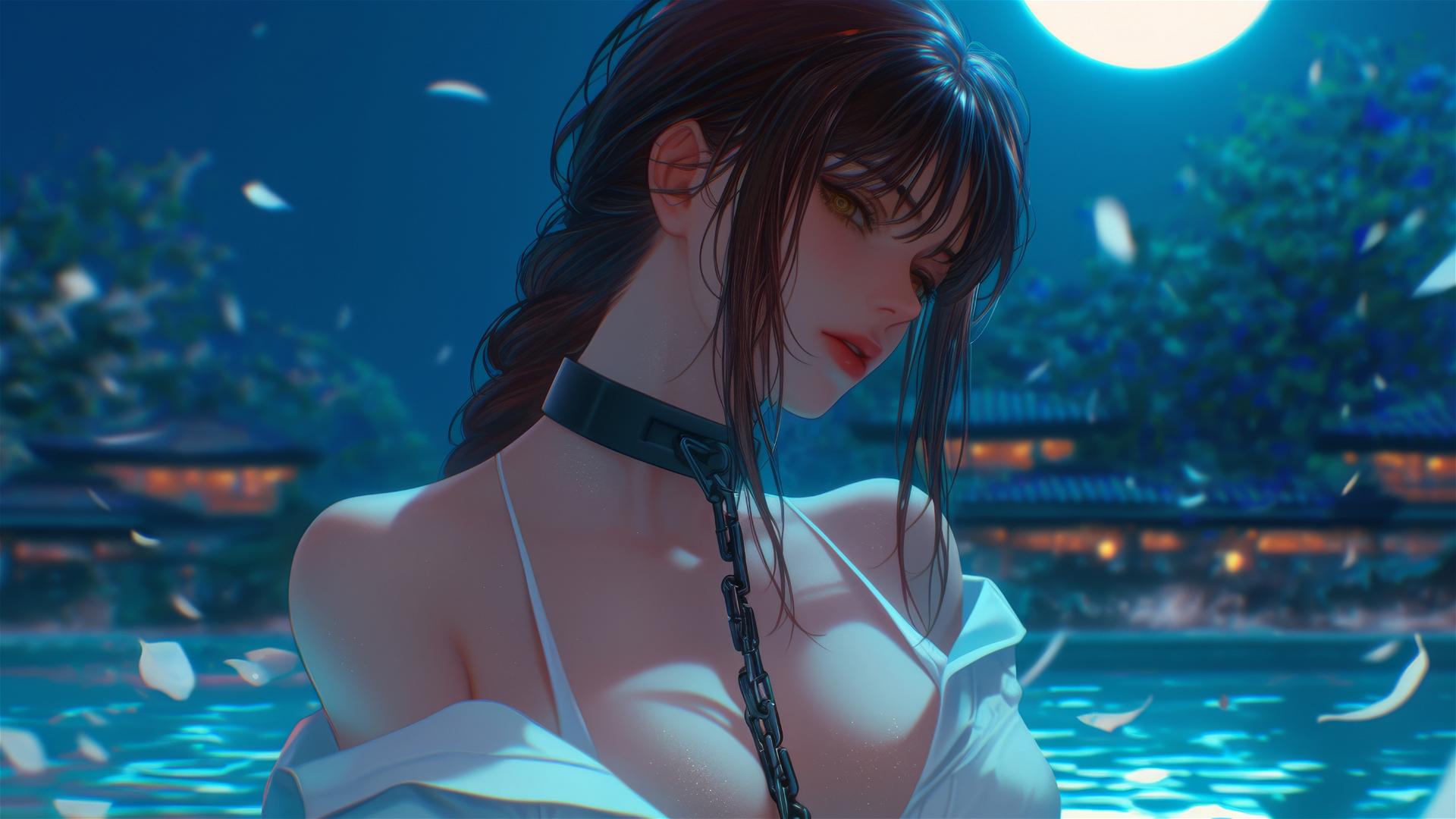 Makima from 'Chainsaw Man' resting in a bathtub, chained, under moonlight.