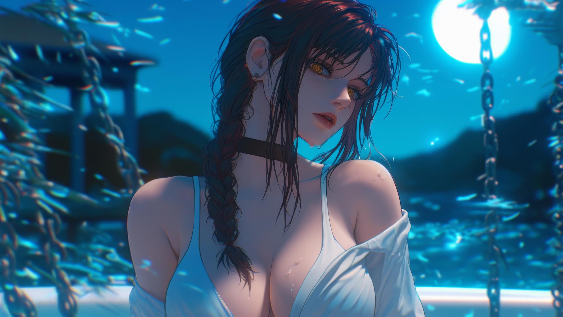 Makima from Chainsaw Man in a tub with iron chains and moonlight glow