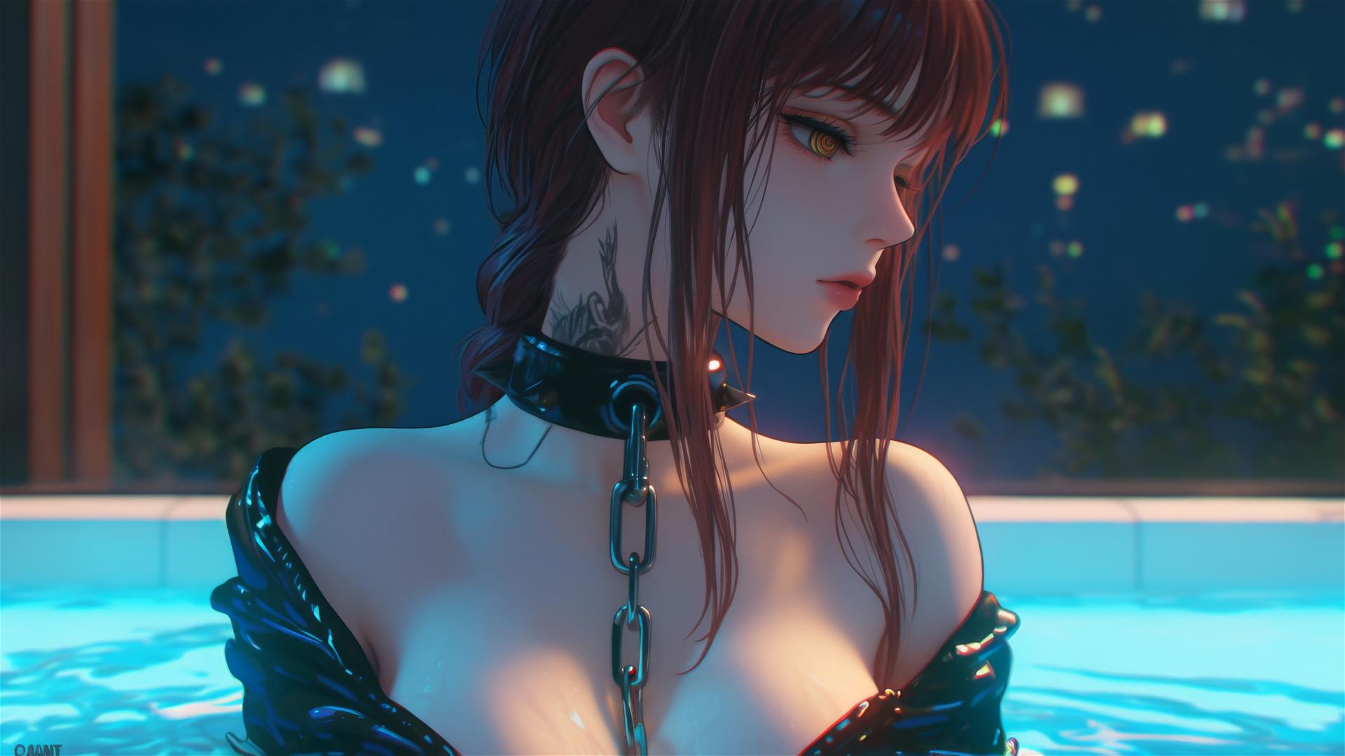 Makima leaning in a tub, iron chains around her neck under soft moonlight