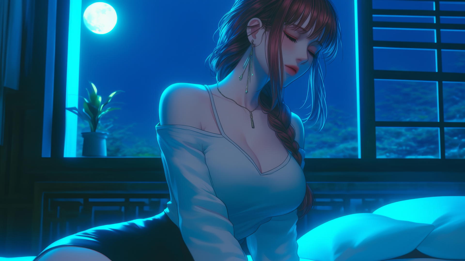 Makima from Chainsaw Man in her room with moonlight casting a soft glow