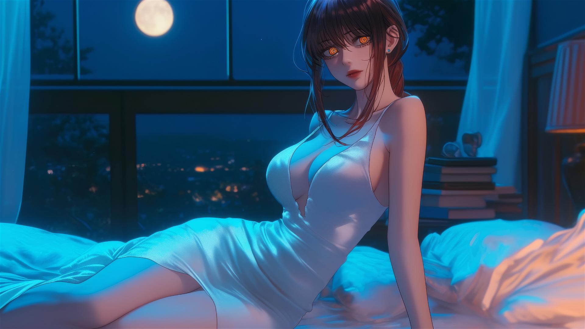Makima from Chainsaw Man in her room, moonlight casting soft glow.