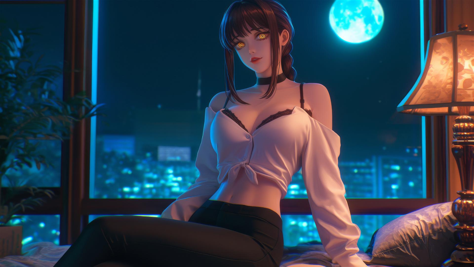 Makima from Chainsaw Man in a softly glowing moonlit room