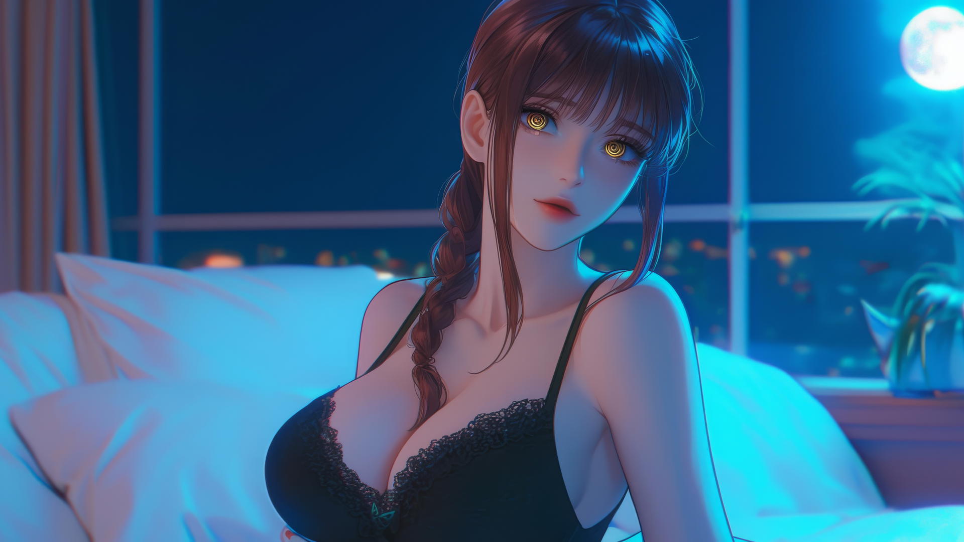 Makima from Chainsaw Man in a softly moonlit room, with an ambiguous posture.
