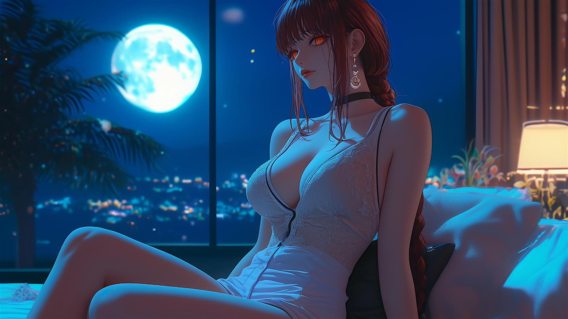 Makima from Chainsaw Man in her room, bathed in soft moonlight.