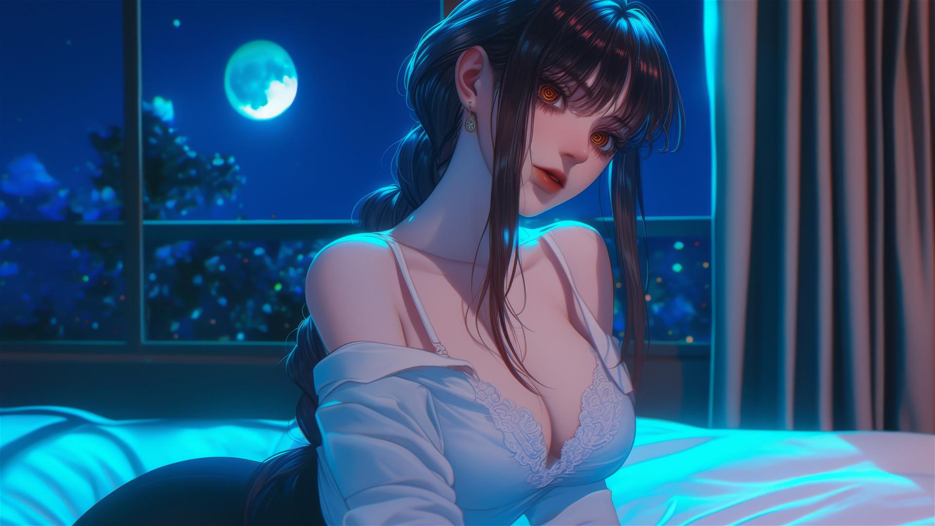 Makima from Chainsaw Man in her room with moonlight casting a glow on her
