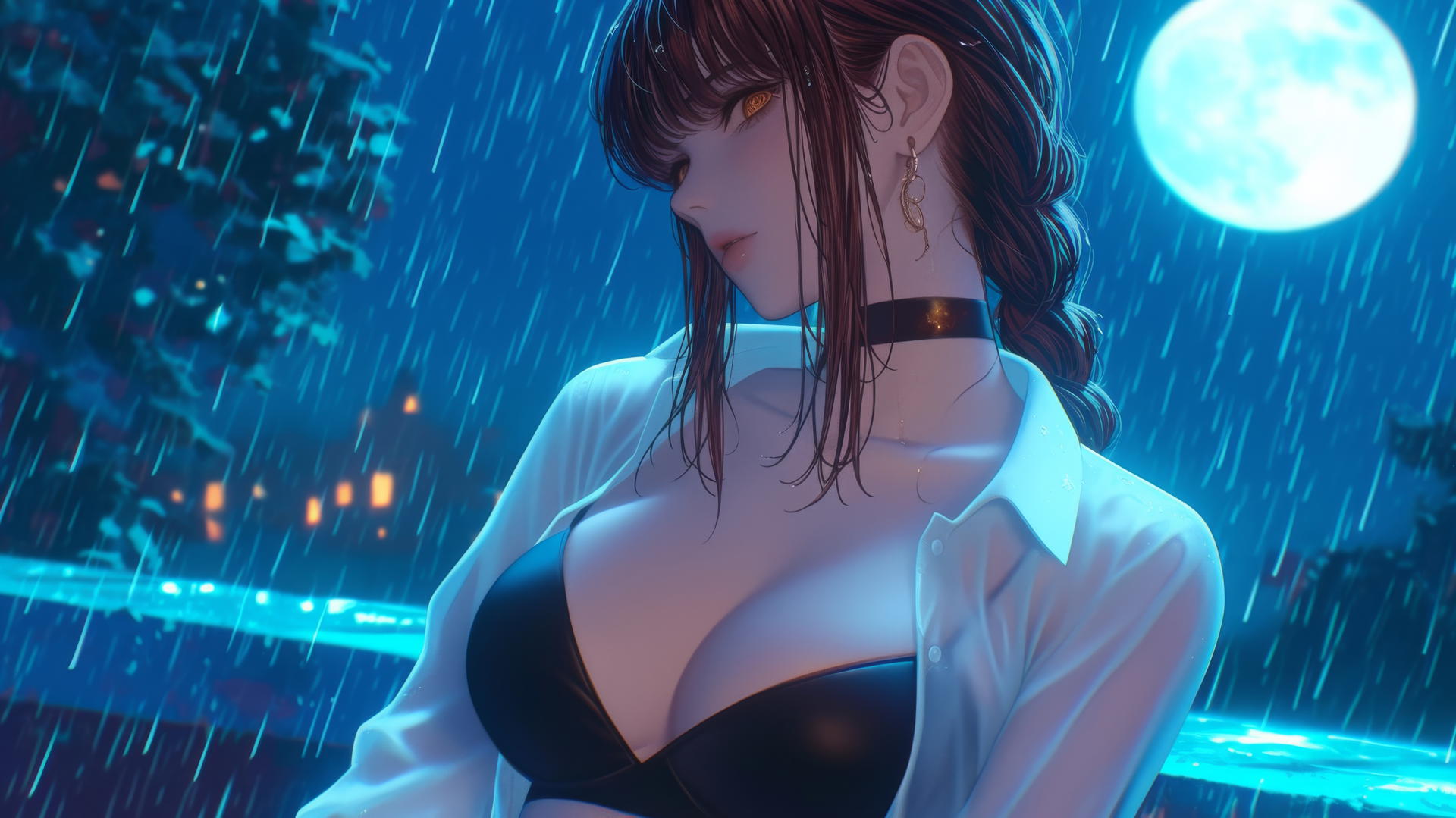 Makima from Chainsaw Man resting on rainy rooftop under moonlight