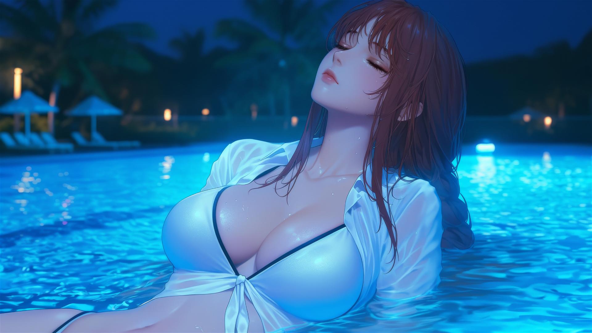 Makima from Chainsaw Man resting at a rainy swimming pool under moonlight