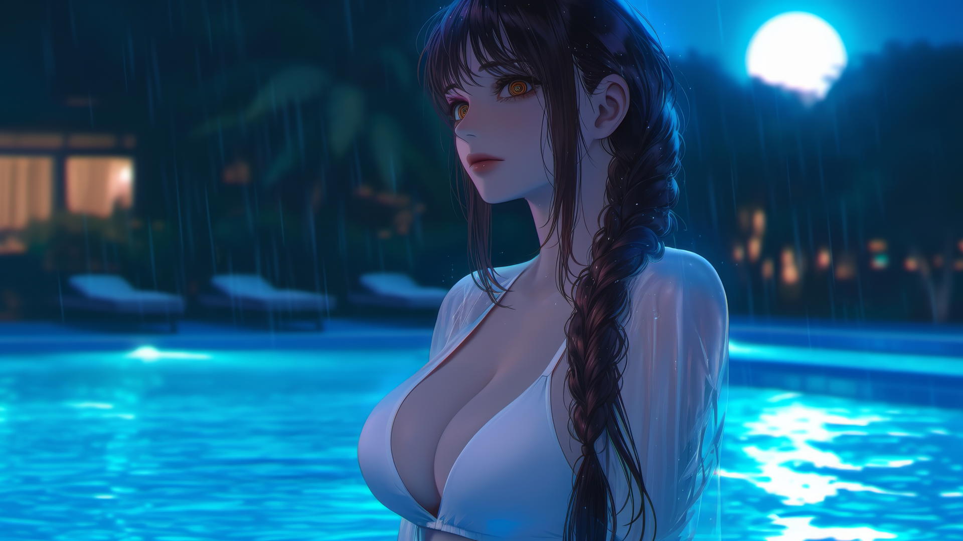 Makima from Chainsaw Man resting by a rainy pool with moonlight glow.
