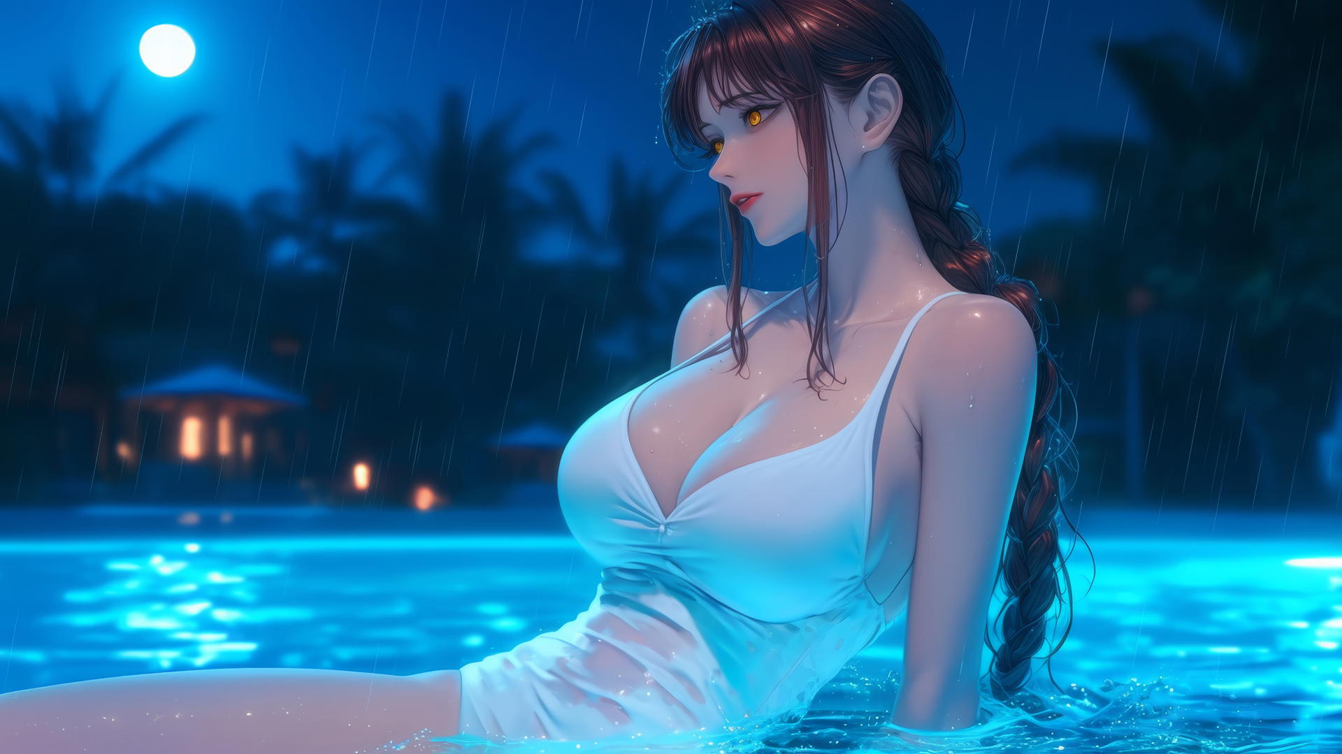Makima from Chainsaw Man resting by a rainy swimming pool with moonlight glow