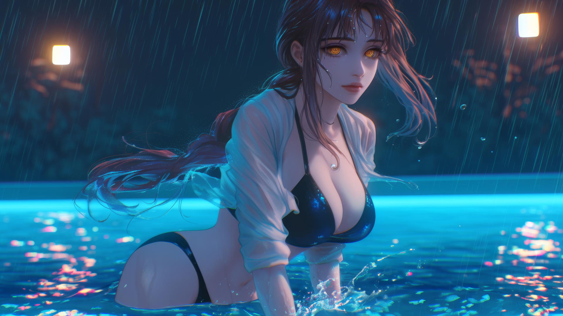 Makima from Chainsaw Man in moonlit pool