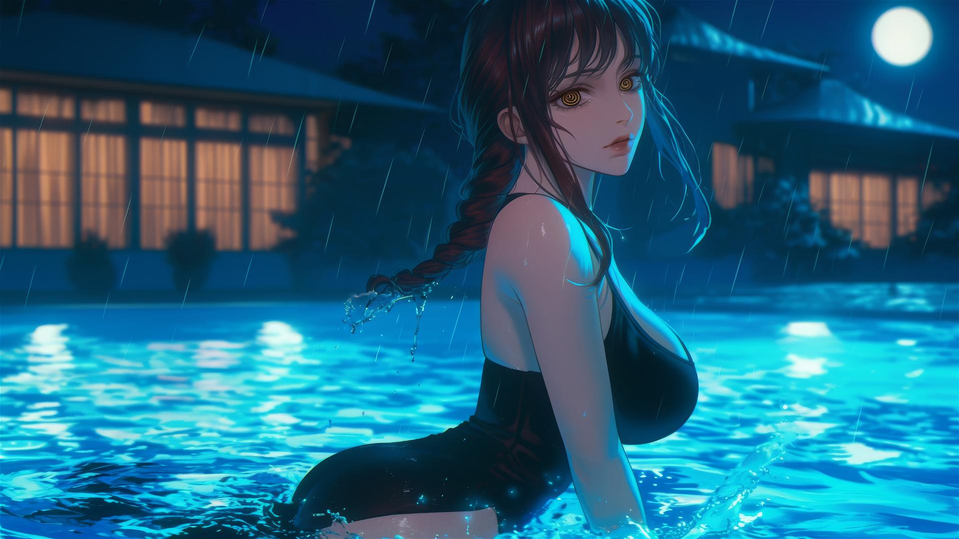 Makima from Chainsaw Man jumping out of a rainy swimming pool under moonlight