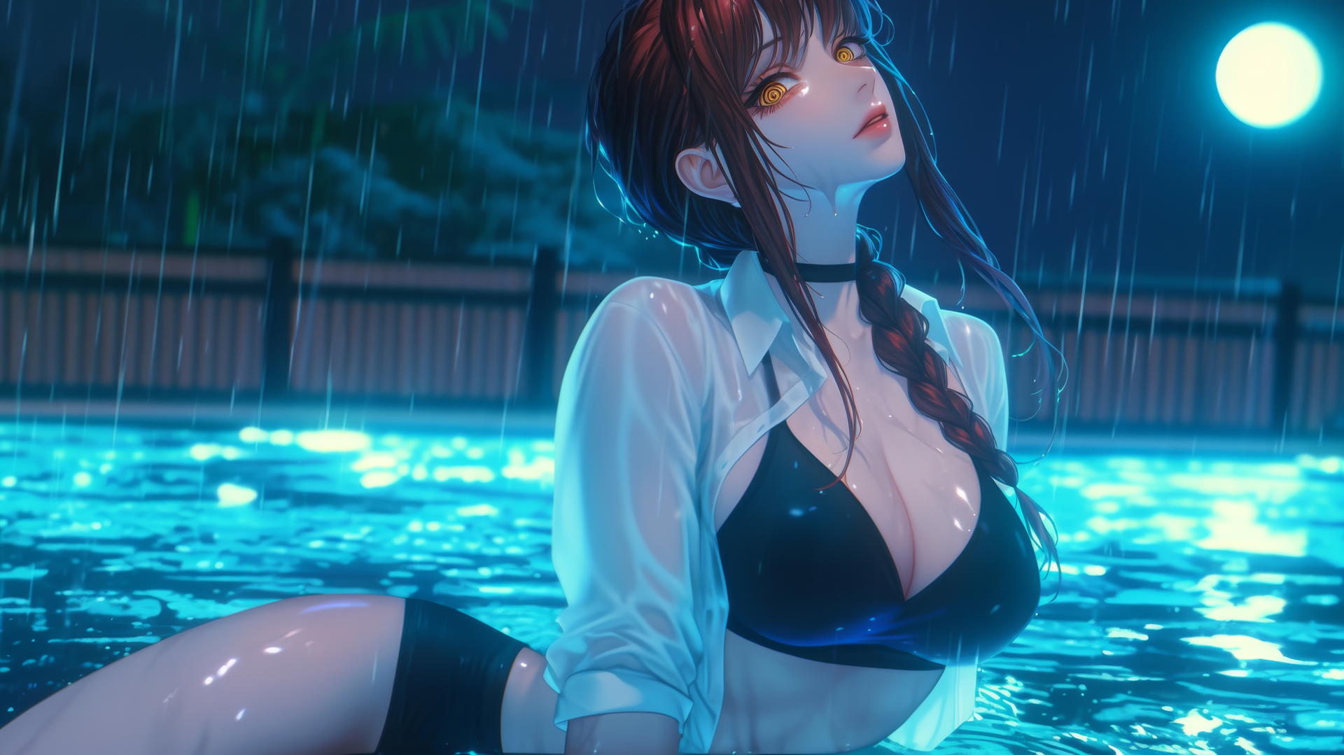 Makima from Chainsaw Man in pool under moonlight