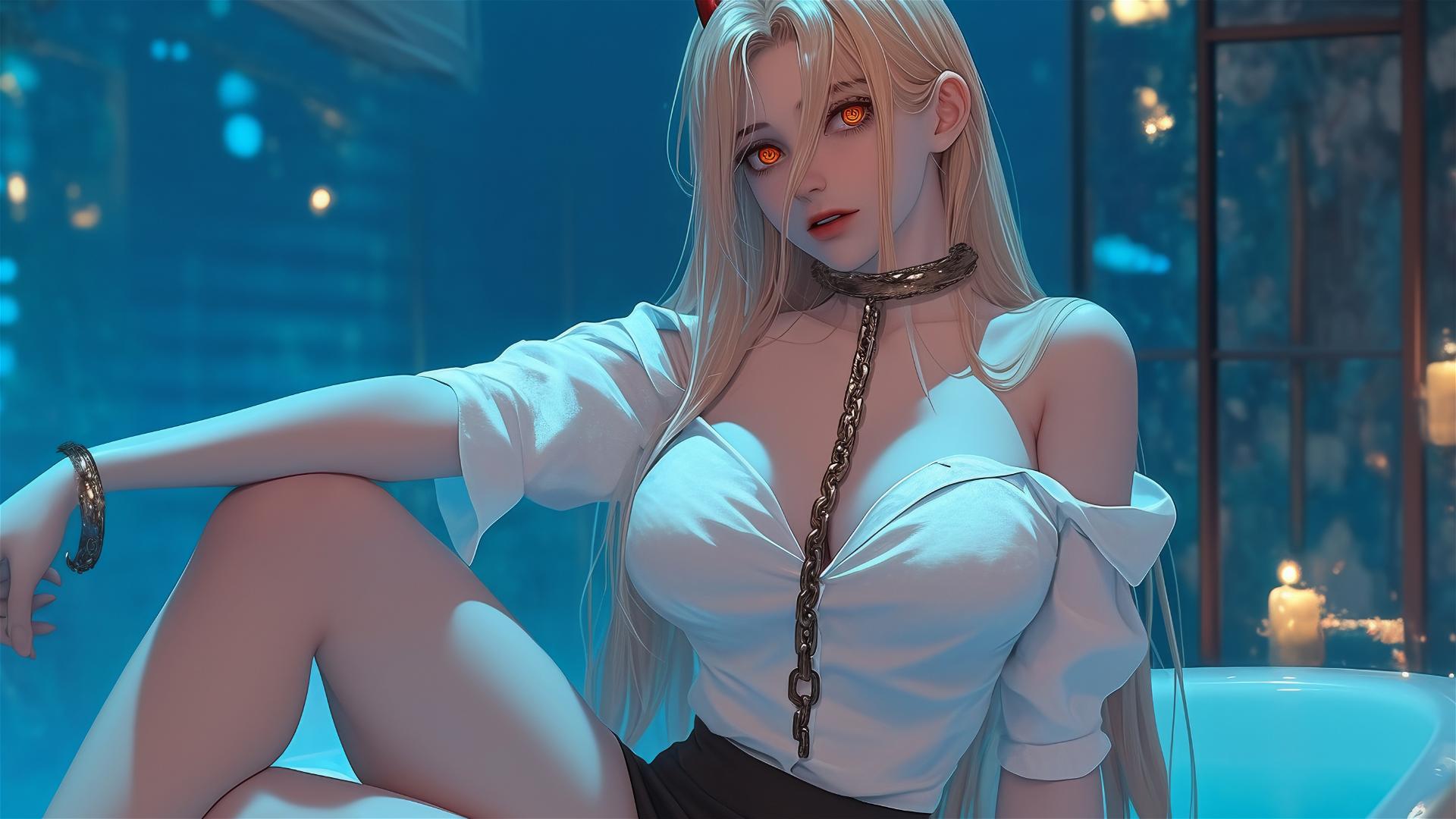 Power from Chainsaw Man resting in tub with iron chains, moonlight glow, blonde hair, red horns, yellow eyes.