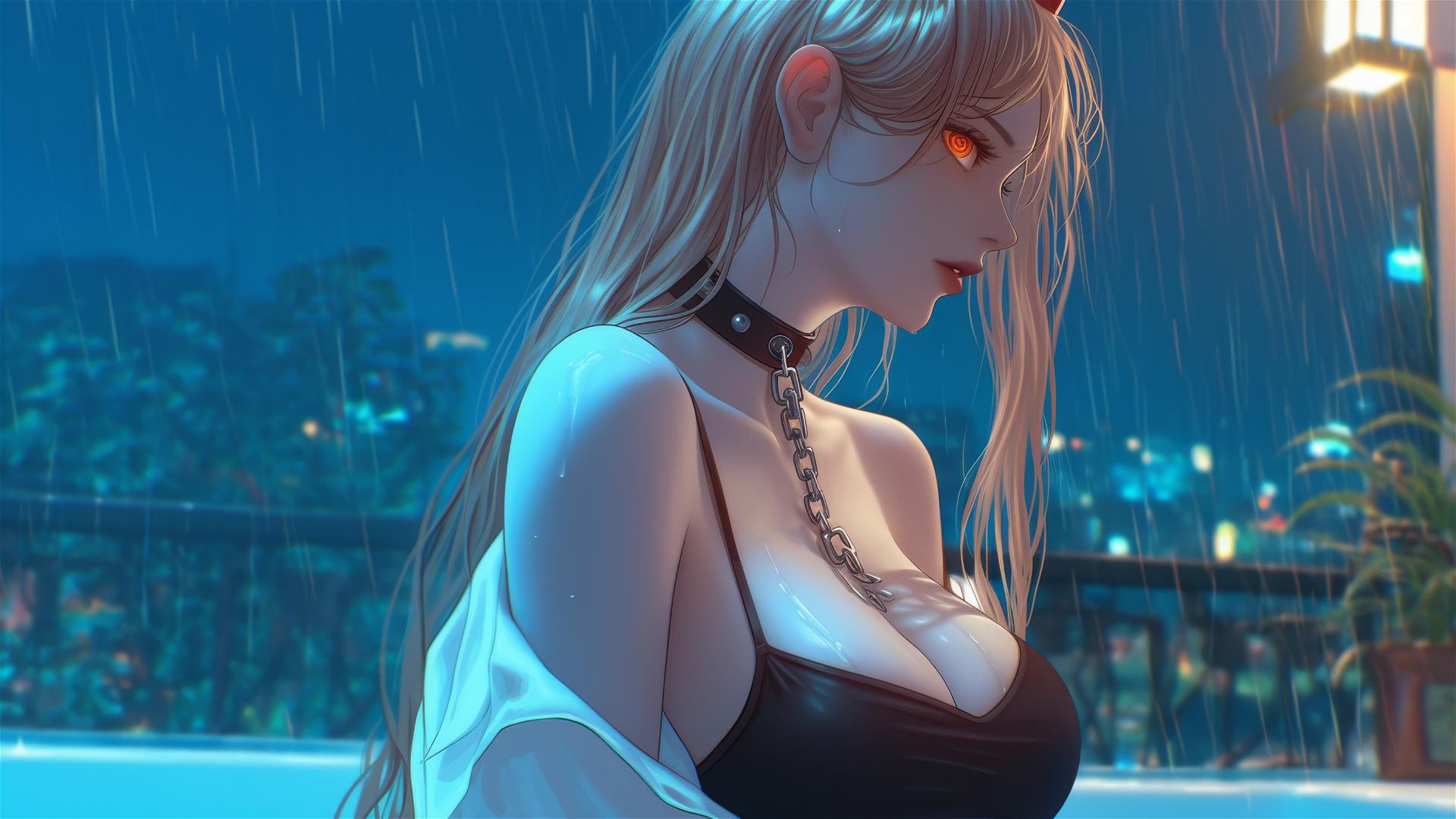 Power from Chainsaw Man locked with iron chains in a tub, moonlight glow
