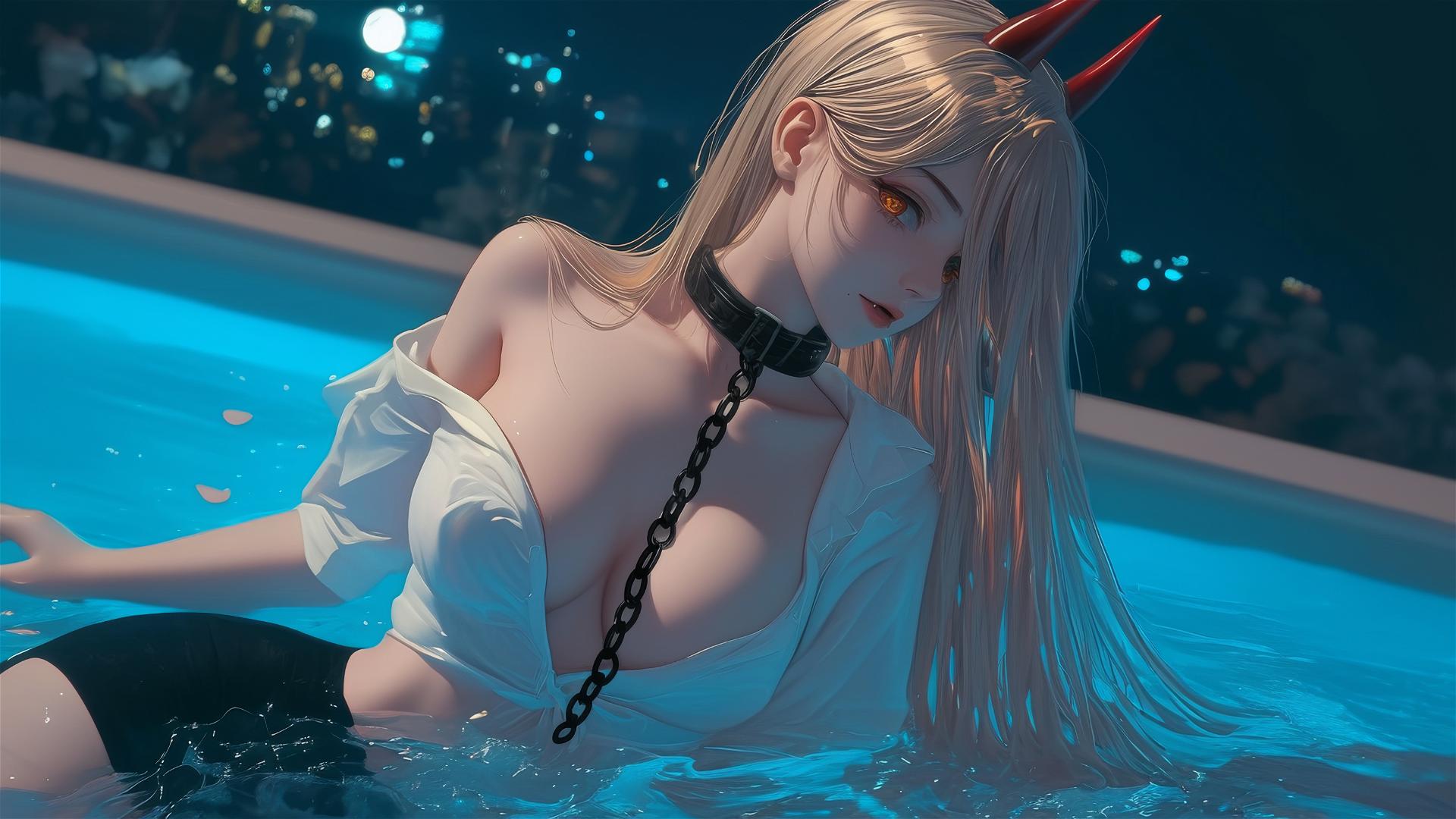Power from Chainsaw Man resting in tub, neck chained, under moonlight