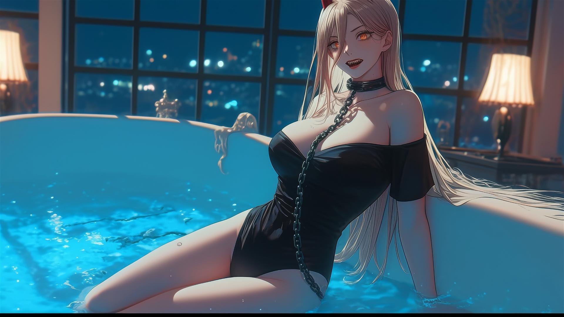 Power from Chainsaw Man resting in a tub, chained, under moonlight