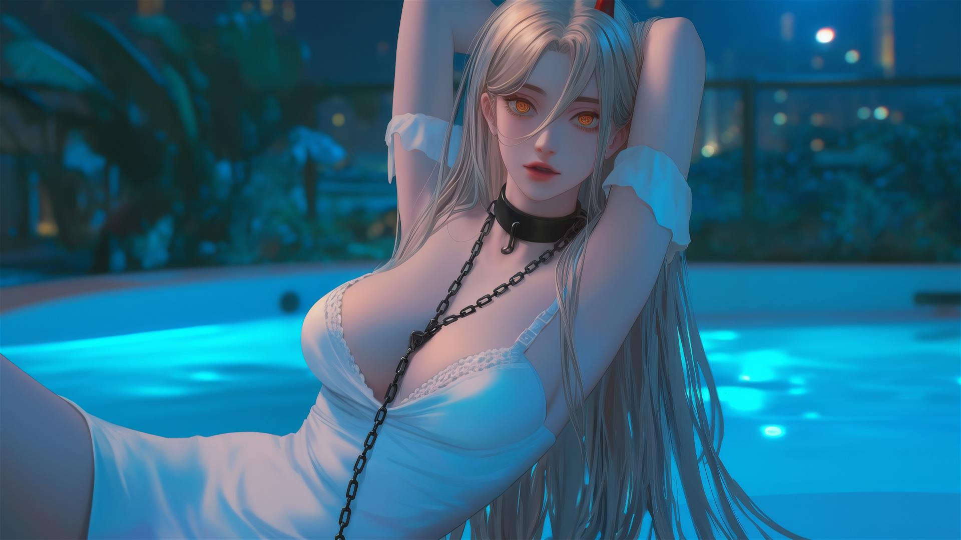 Power from Chainsaw Man in a tub with thick iron chains, blonde hair, light red horns.
