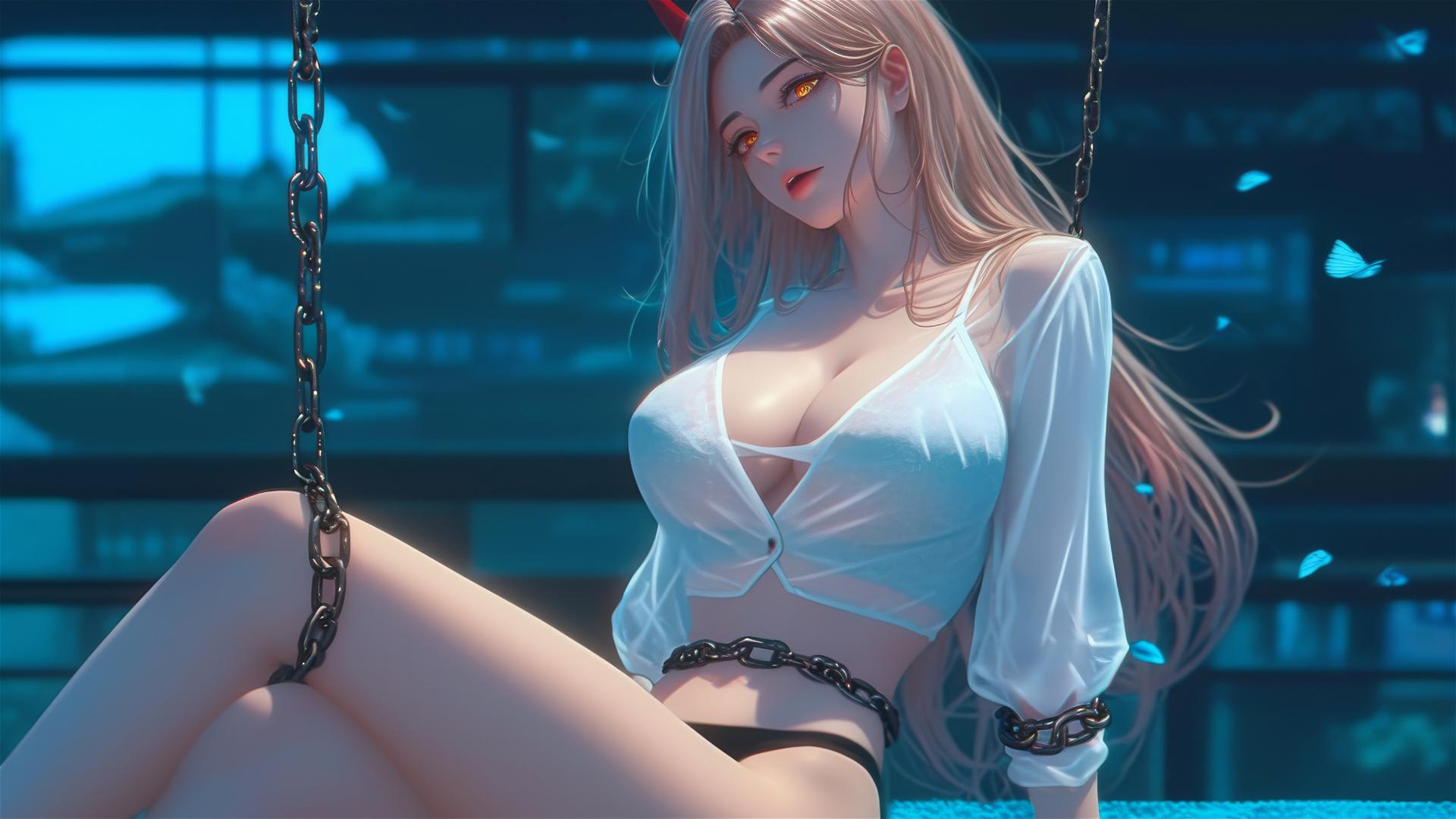 Chainsaw Man character Power, chained in a modern hotel room, moonlit