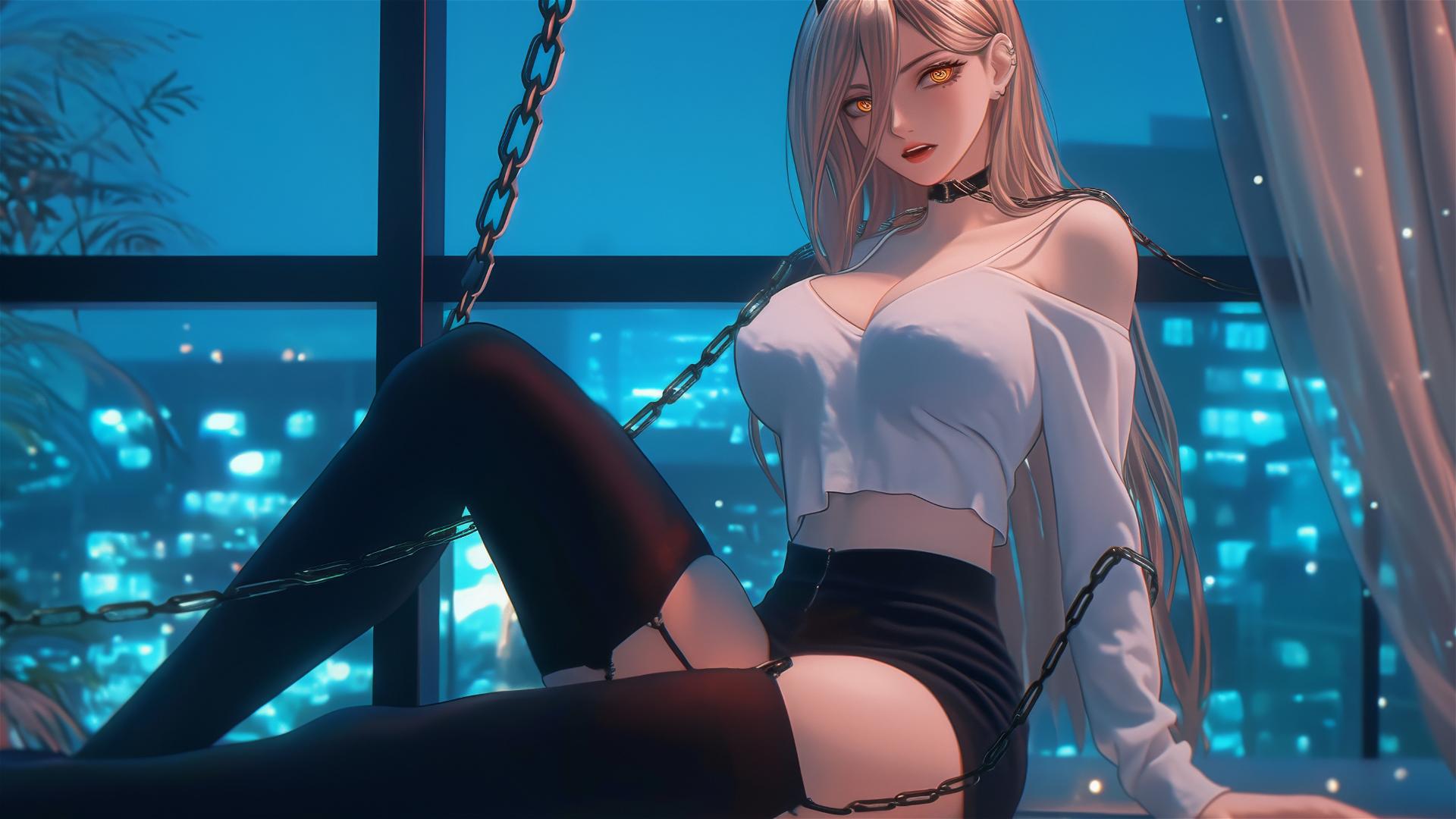 Power from Chainsaw Man, neck locked in iron chains, in a moonlit modern hotel room.