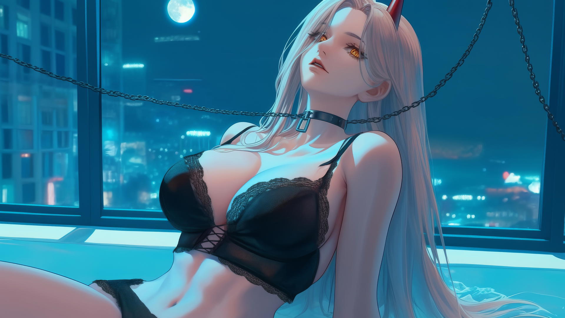 Blonde Power from Chainsaw Man with red horns, chained in hotel room