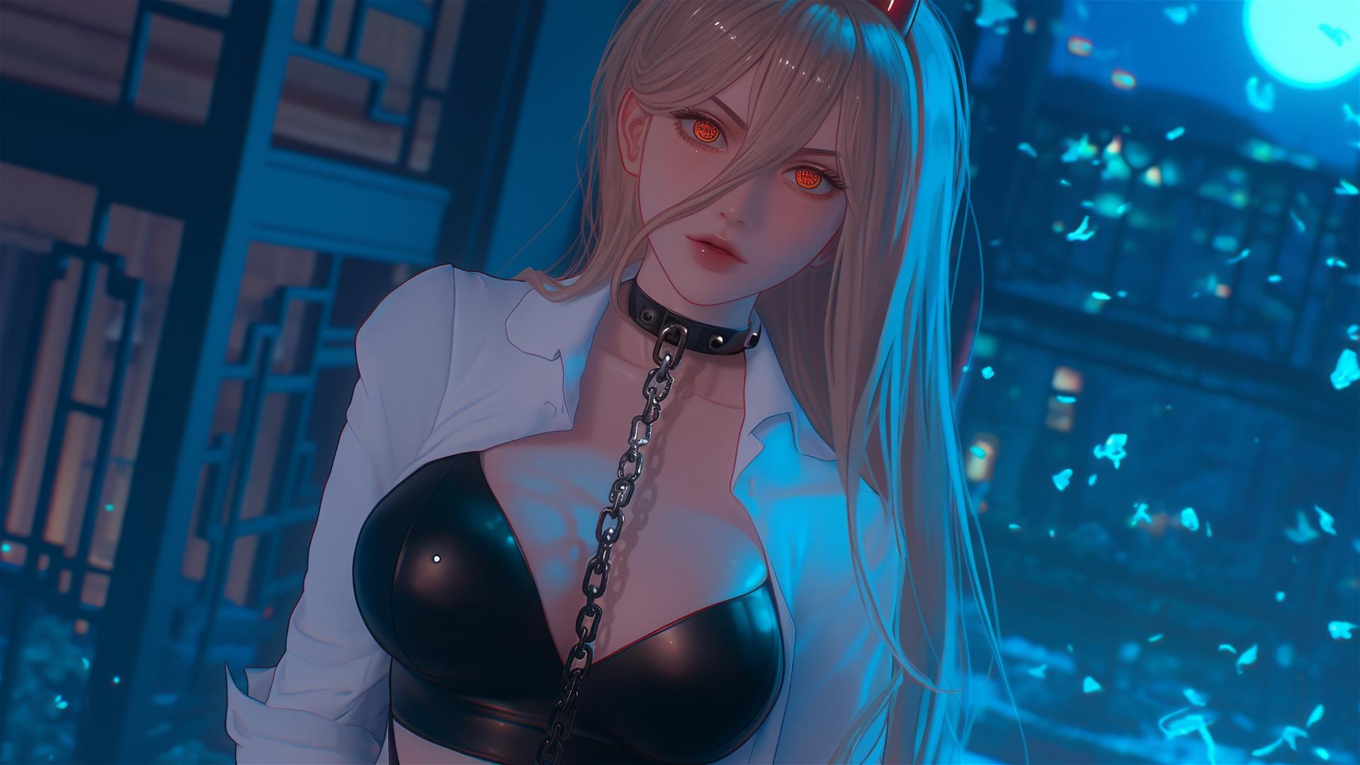 Power from Chainsaw Man chained in modern hotel room, moonlit glow.