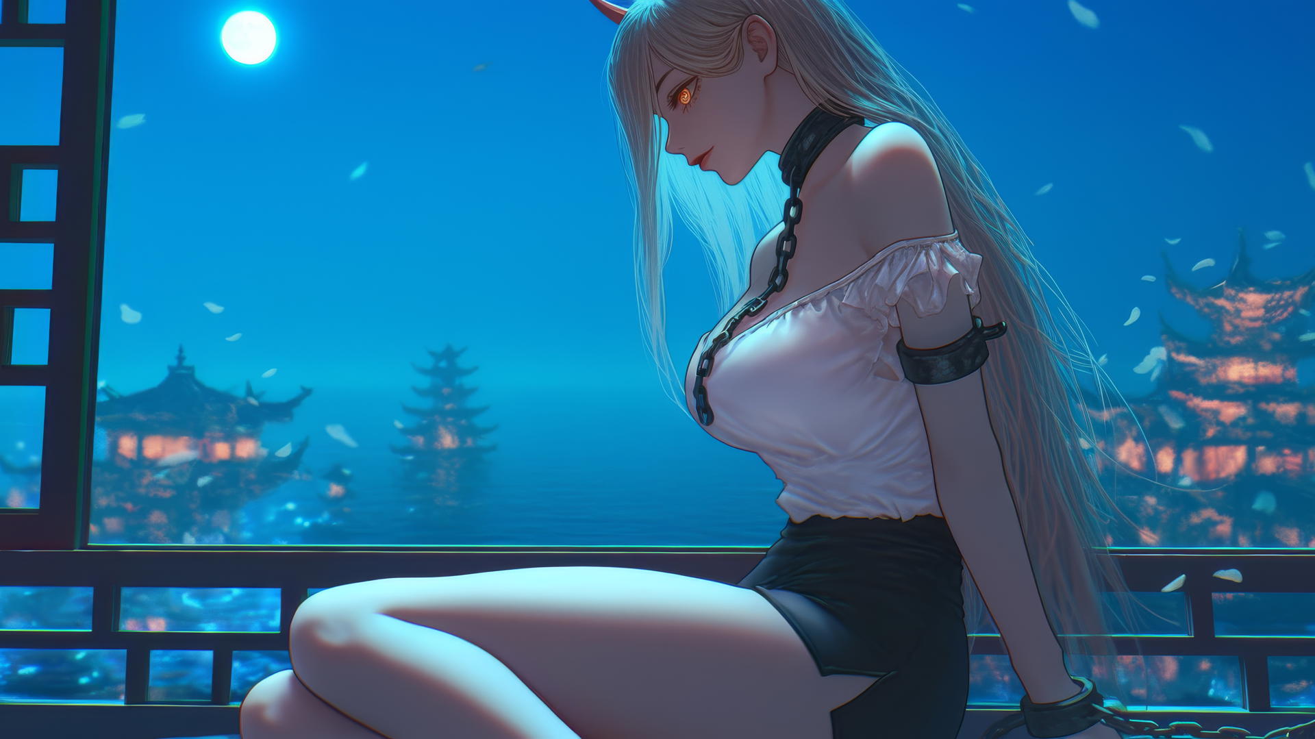Power from Chainsaw Man in a modern hotel room, locked with iron chains, soft moonlight glow.