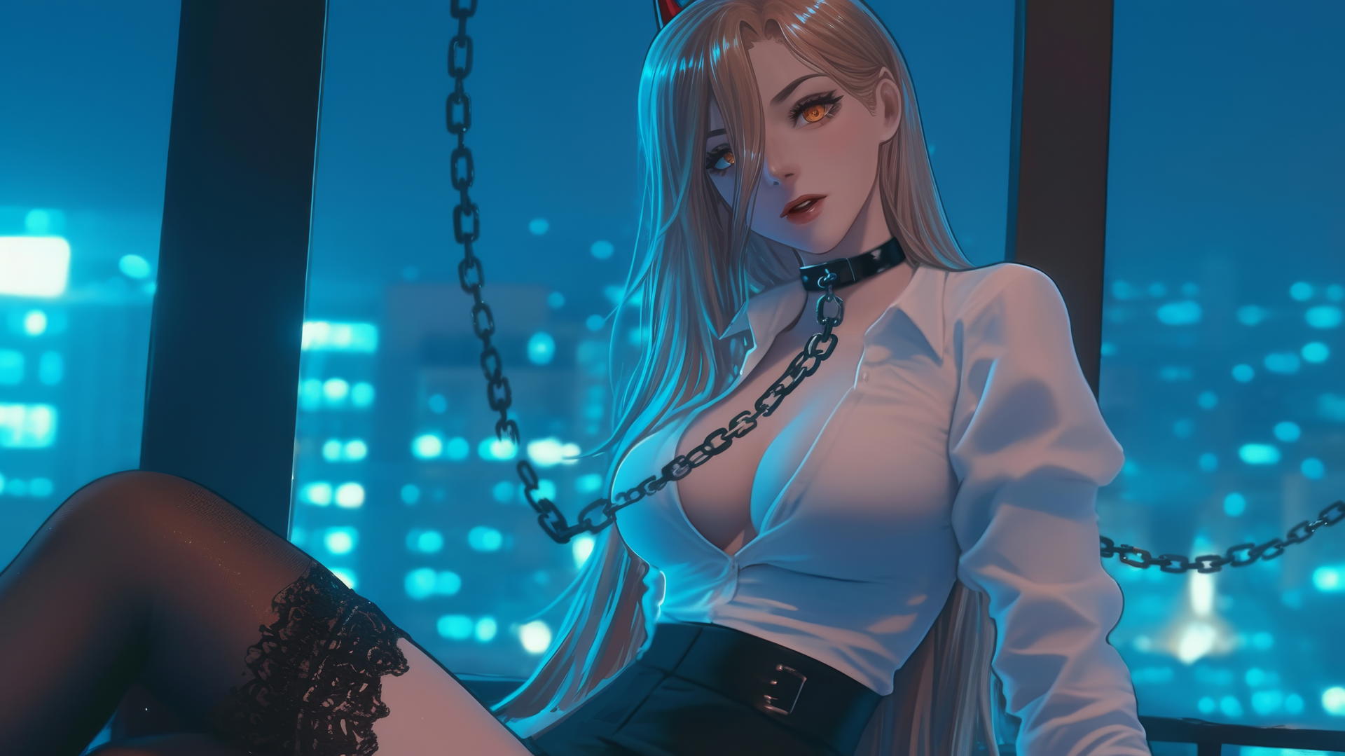 Power from Chainsaw Man locked with thick iron chains in a hotel room