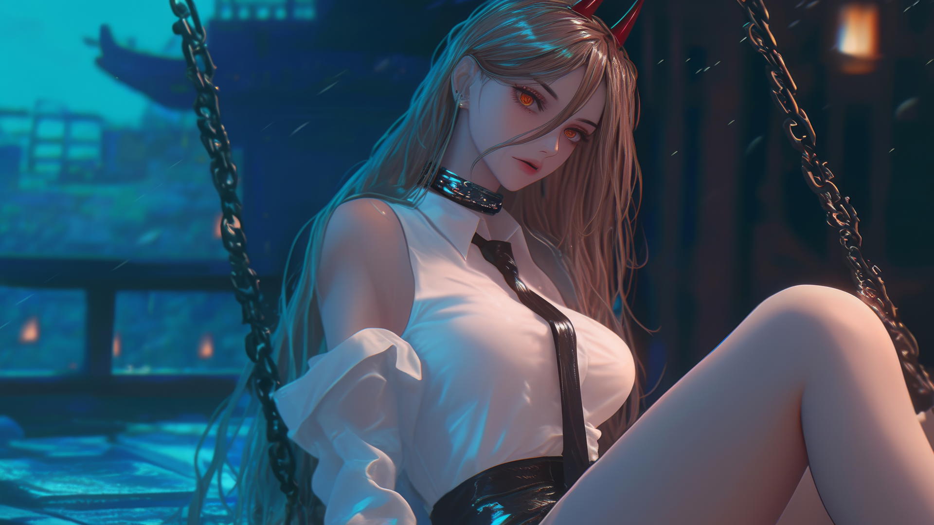Power from Chainsaw Man, neck locked with thick iron chains, beautiful with blonde hair, light red horns, yellow eyes.