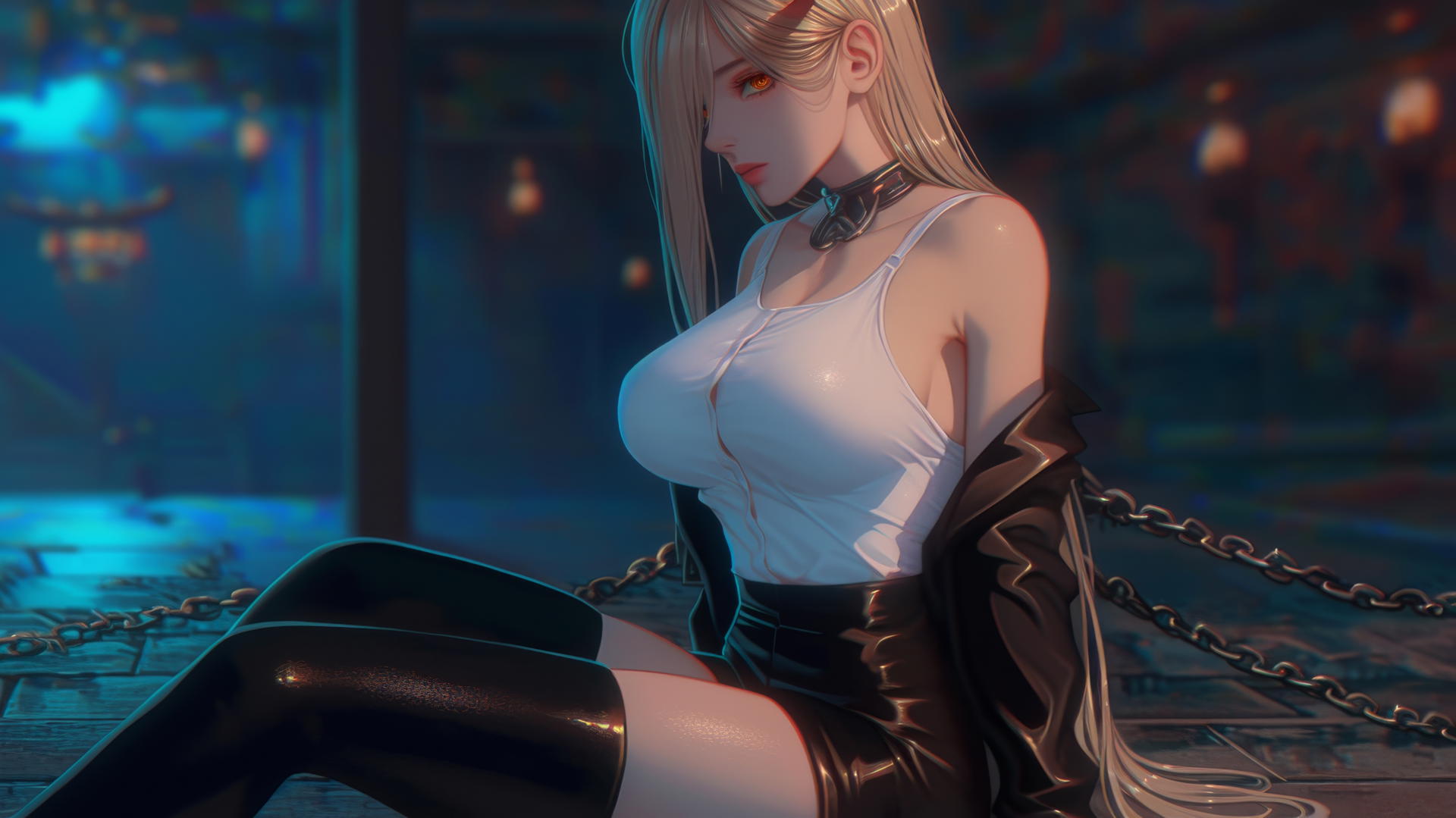 Power from Chainsaw Man, locked with iron chains in a dark basement, focus on thigh
