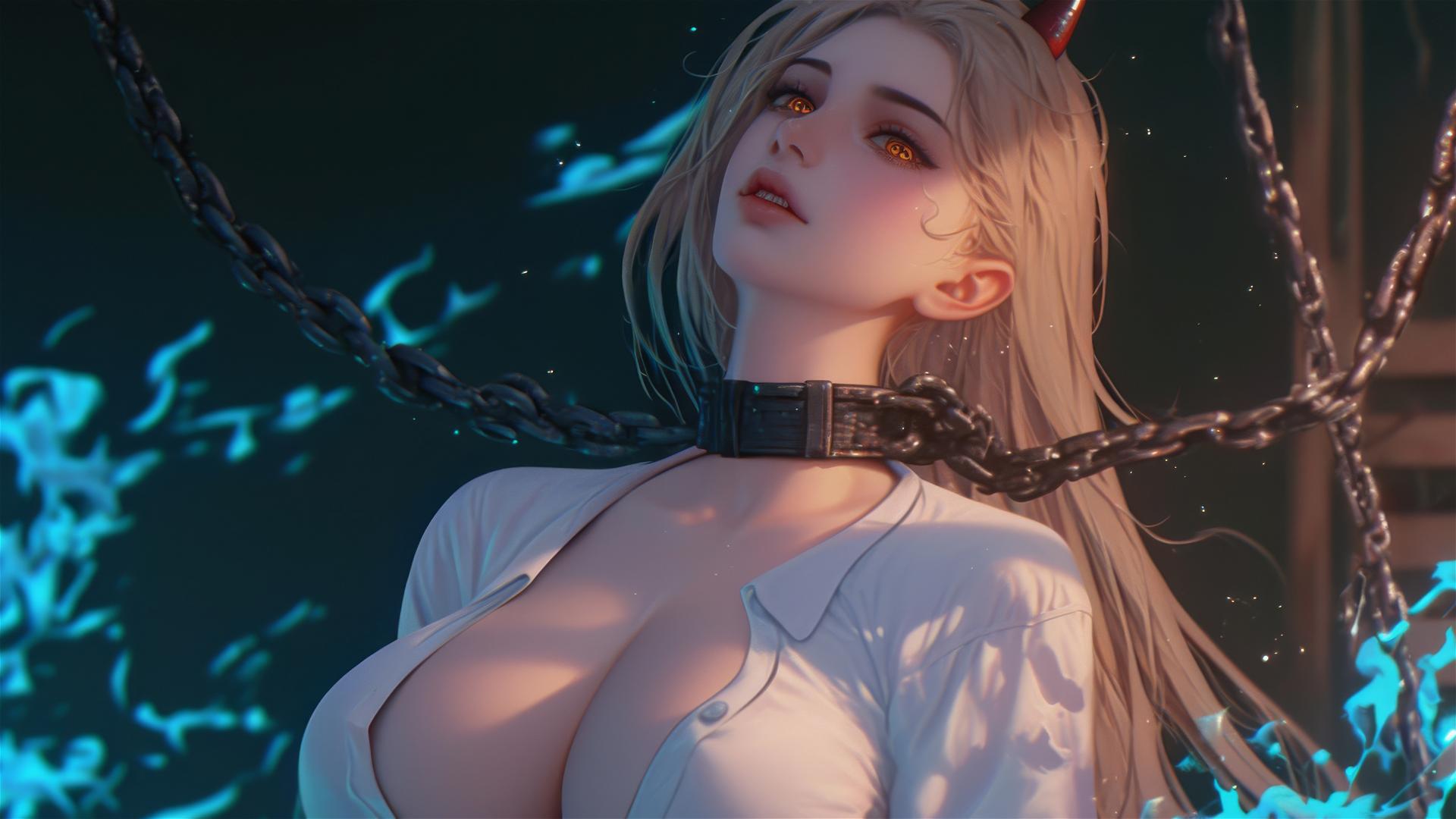 Chainsaw Man character Power, chained in a dimly lit basement with a focus on her thigh