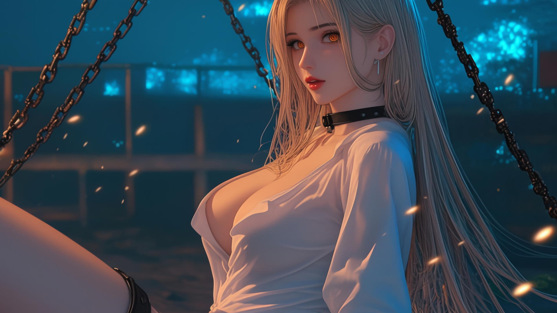 Power from Chainsaw Man with iron chains in dark basement, blonde hair, light red horns, yellow eyes.