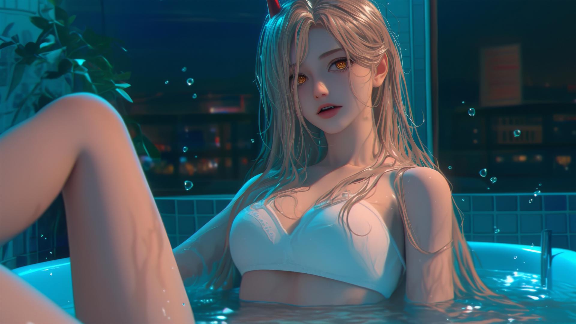 Power from Chainsaw Man in a bathtub, with blond hair, light red horns, and yellow eyes illuminated by moonlight.