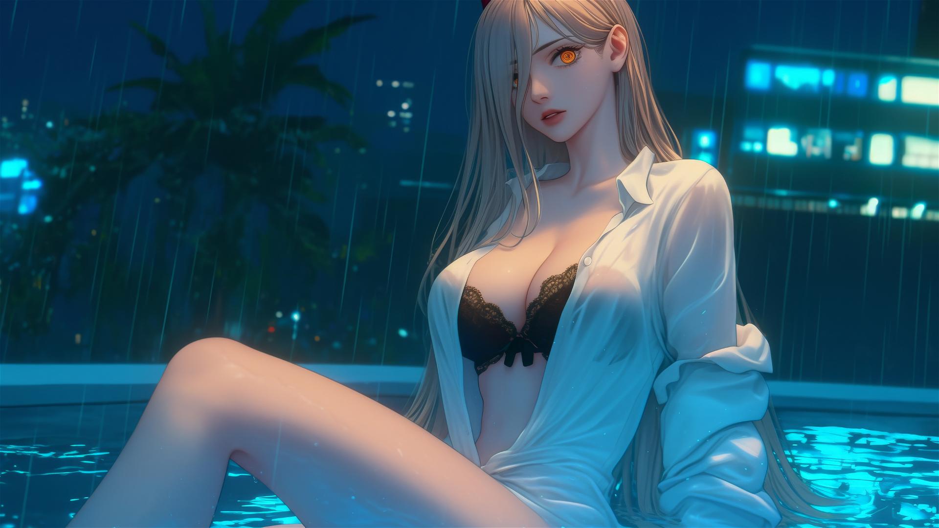 Power from Chainsaw Man in a tub, blonde hair, light red horns, yellow eyes, lit by moonlight.