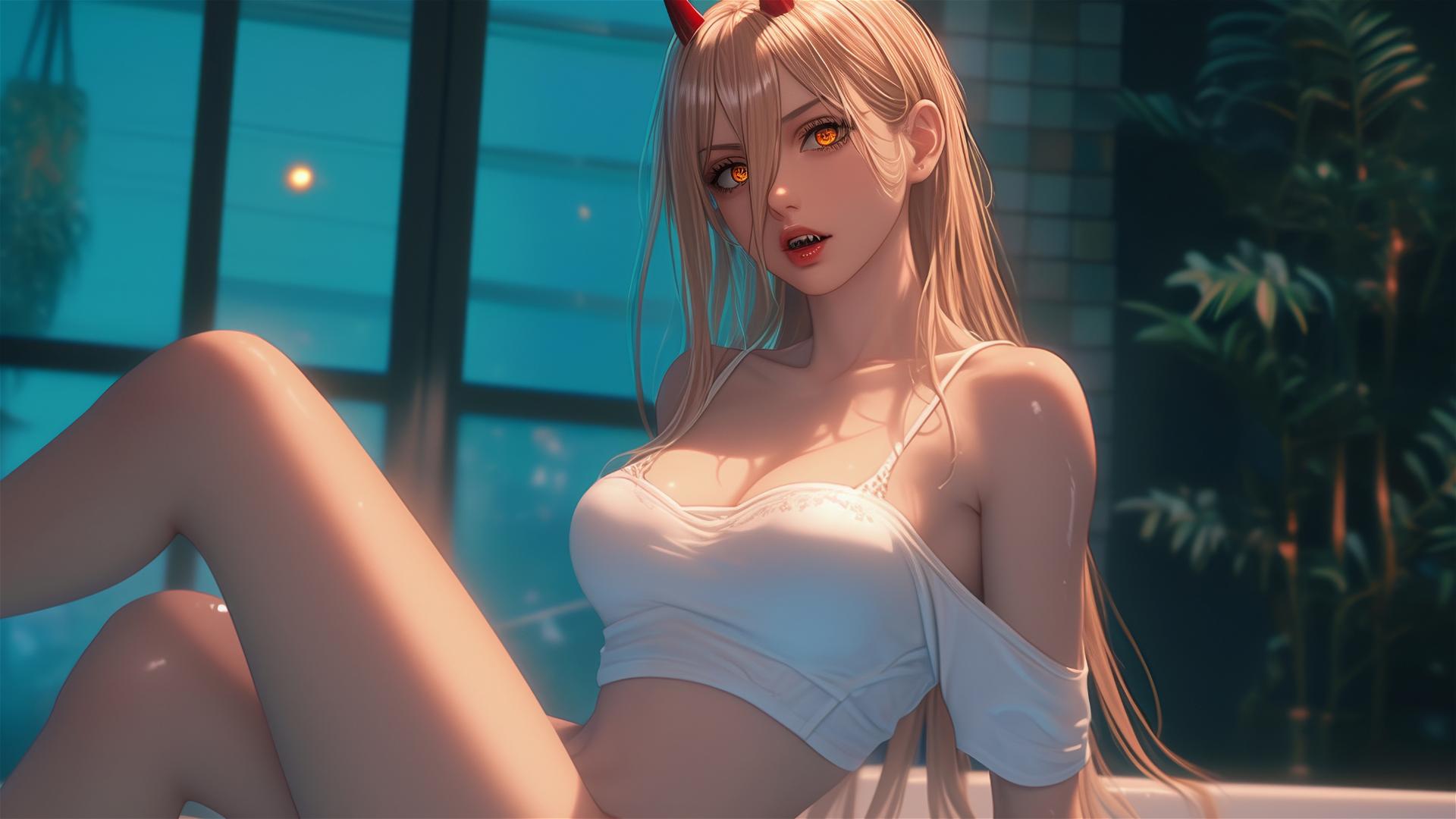 Power from Chainsaw Man jumping out of a tub, beautiful with blonde hair, light red horns, and yellow eyes, bathed in moonlight.
