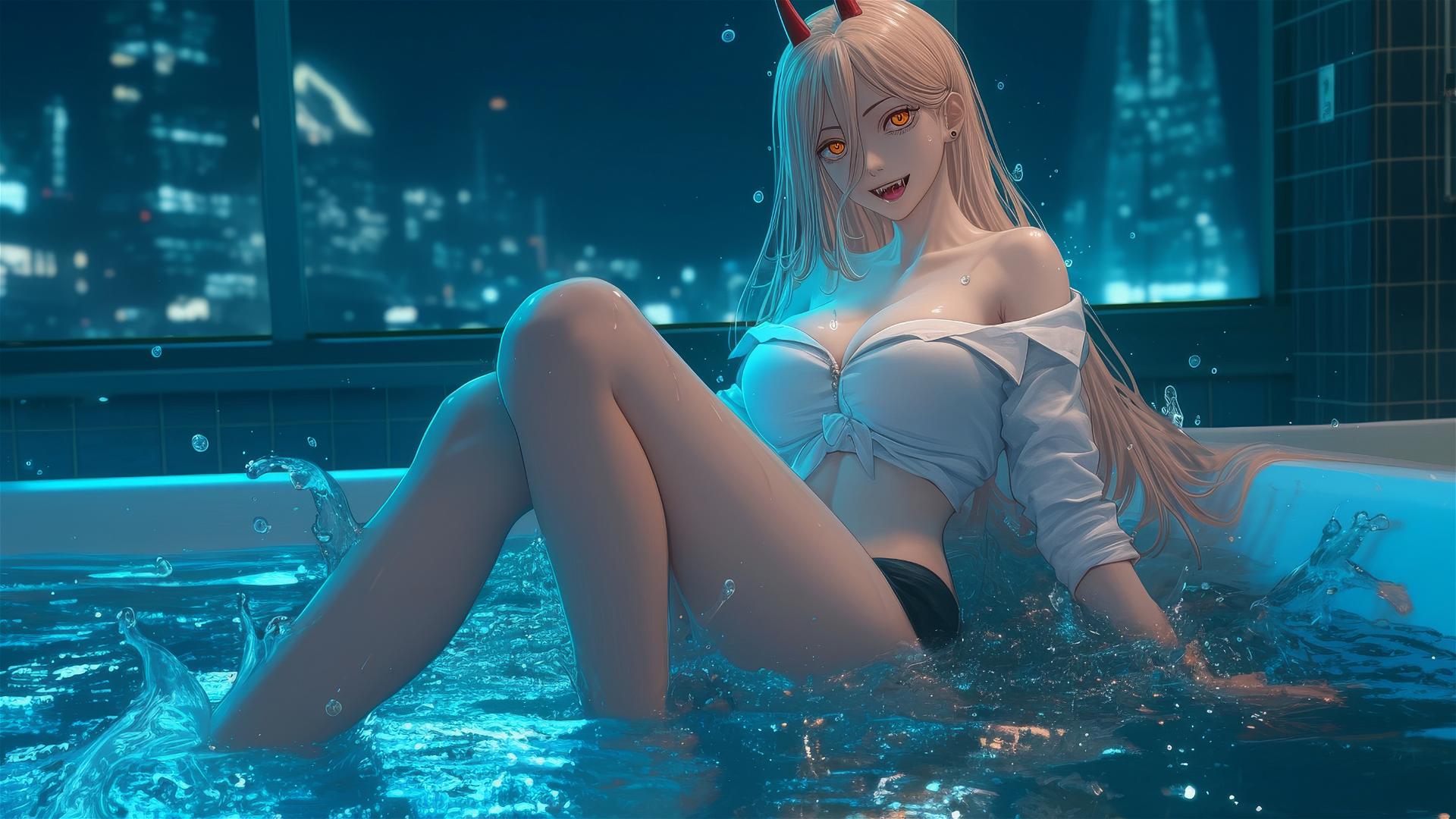 Power from Chainsaw Man jumping out of a tub in her apartment, with blonde hair, light red horns, and yellow eyes, illuminated by moonlight.