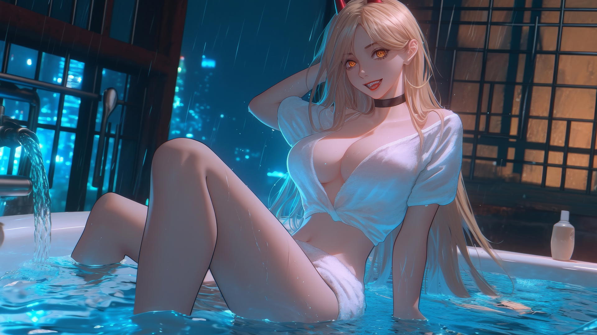 Power from Chainsaw Man jumping out of a tub, blonde hair, light red horns, yellow eyes, illuminated by moonlight.