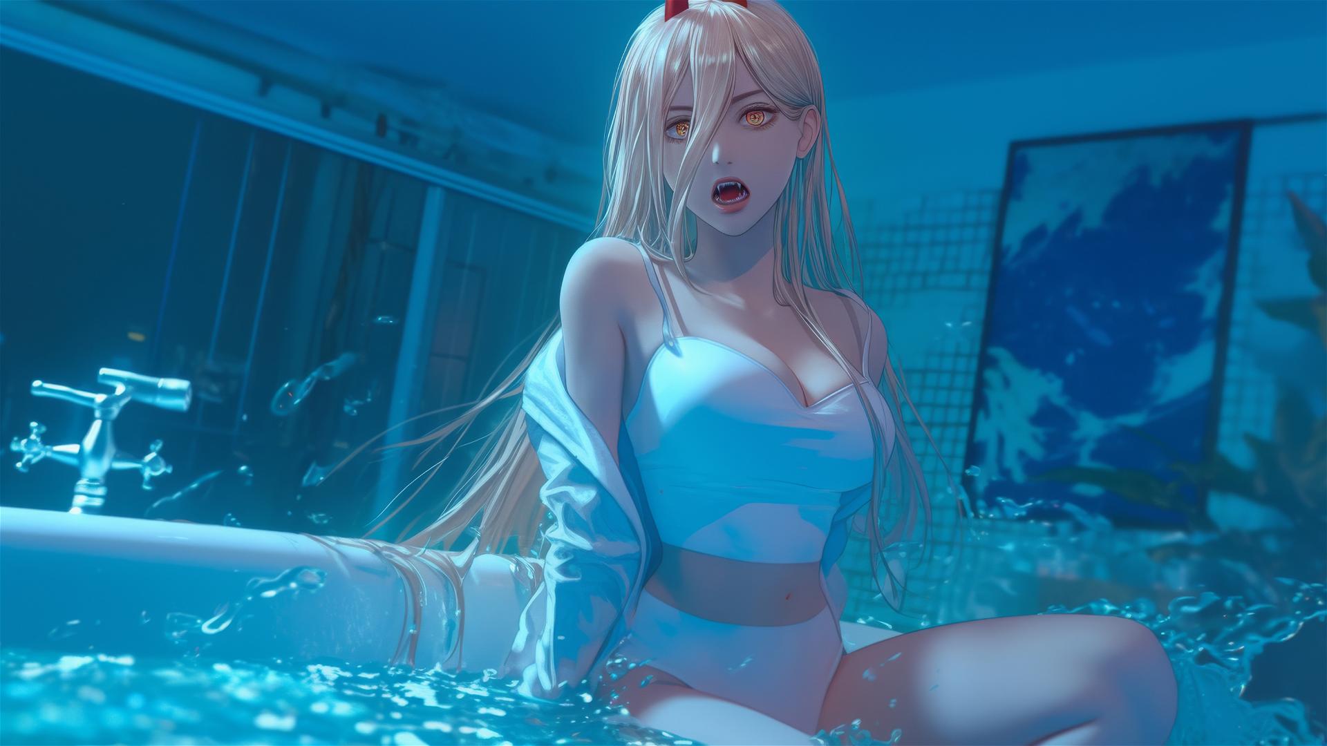 Power from Chainsaw Man jumping out of a tub with moonlight casting a soft glow