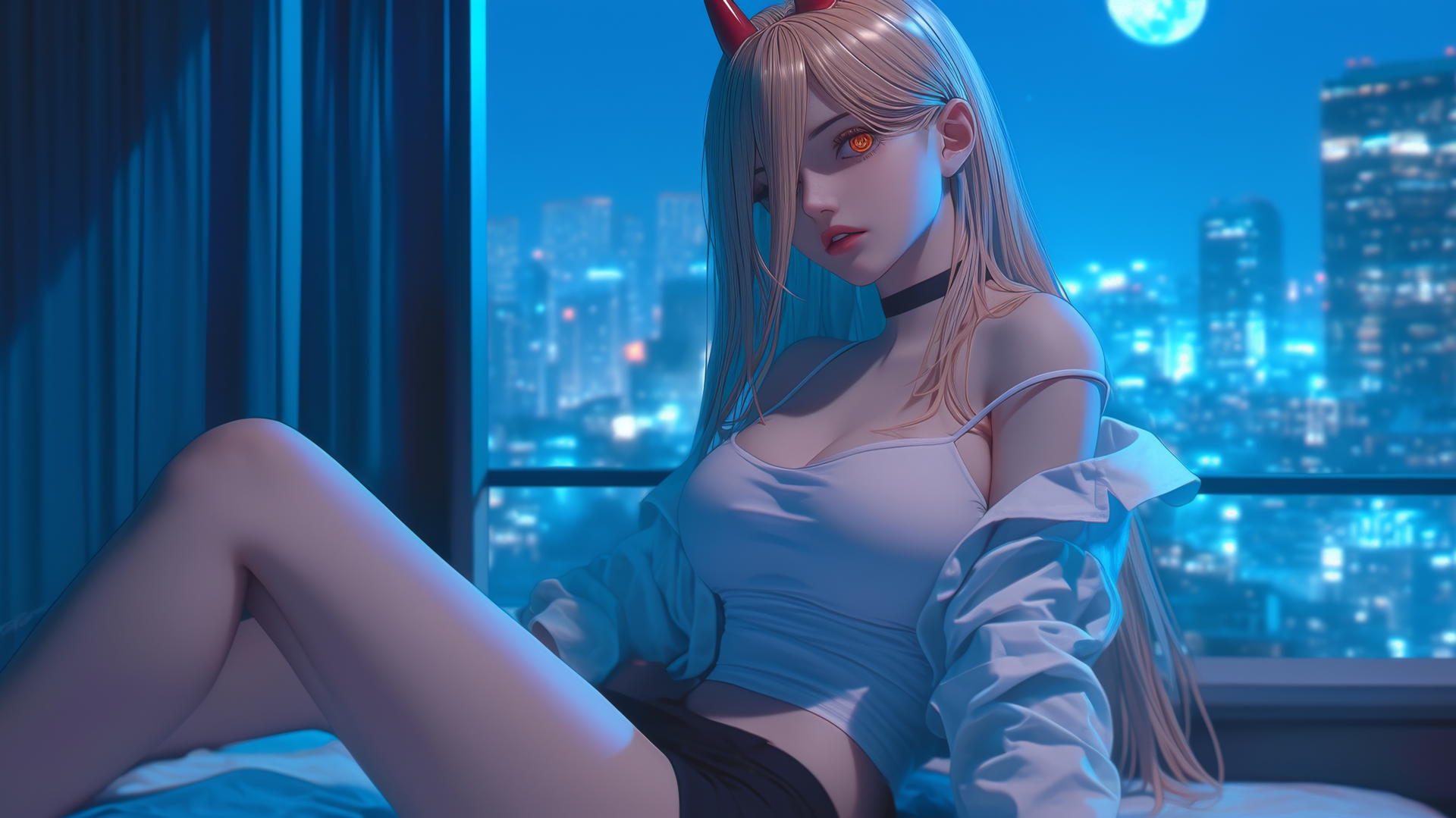 Power from Chainsaw Man resting in a modern hotel room, blonde with red horns and yellow eyes in moonlight