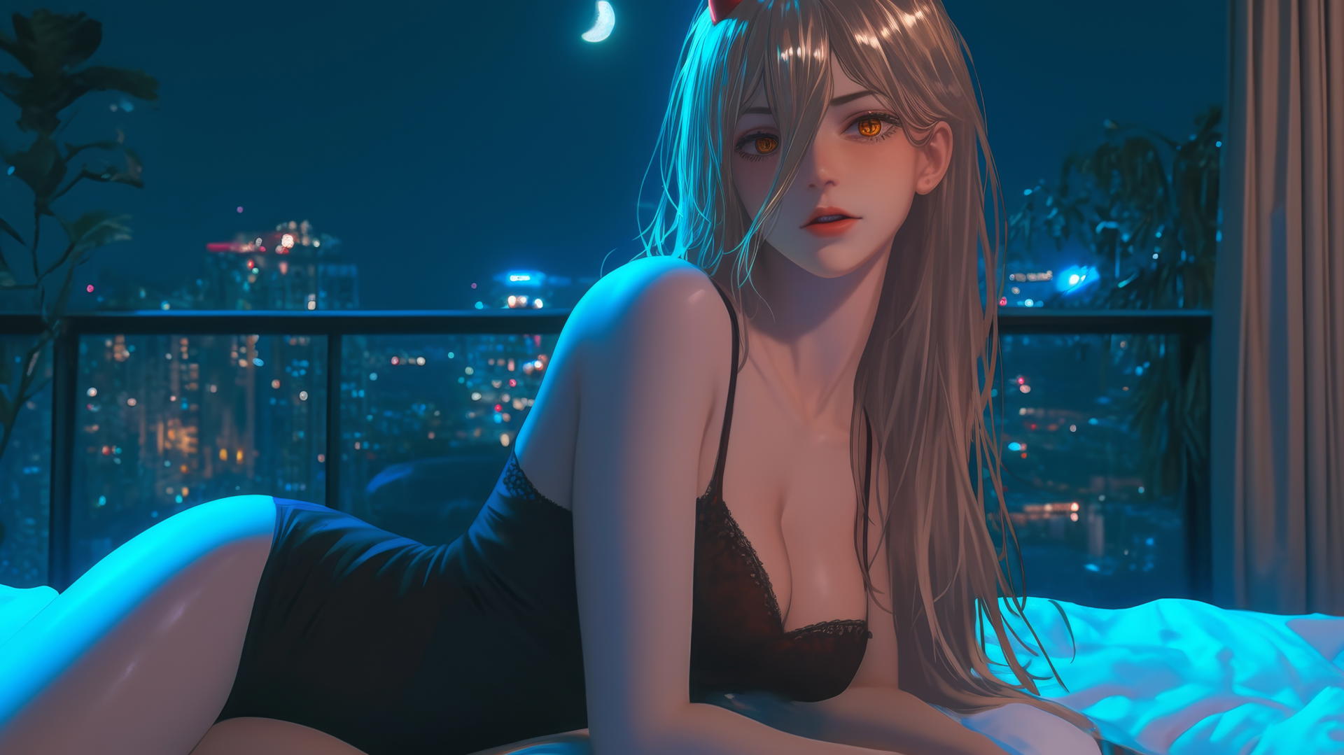 Power from Chainsaw Man resting in a modern hotel room with blonde hair, light red horns, and yellow eyes.