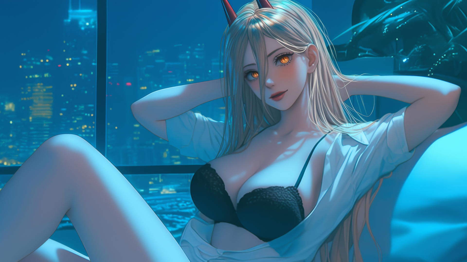 Power from Chainsaw Man resting in a modern hotel room with moonlight glow