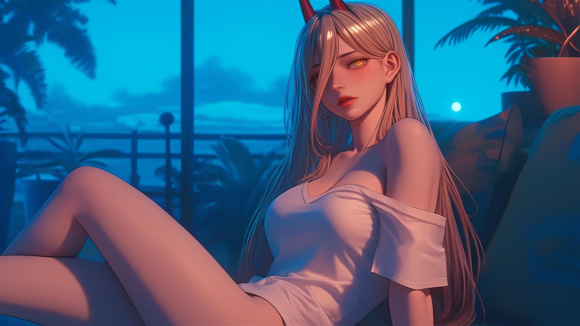 Power from Chainsaw Man resting in modern hotel room with moonlight glow