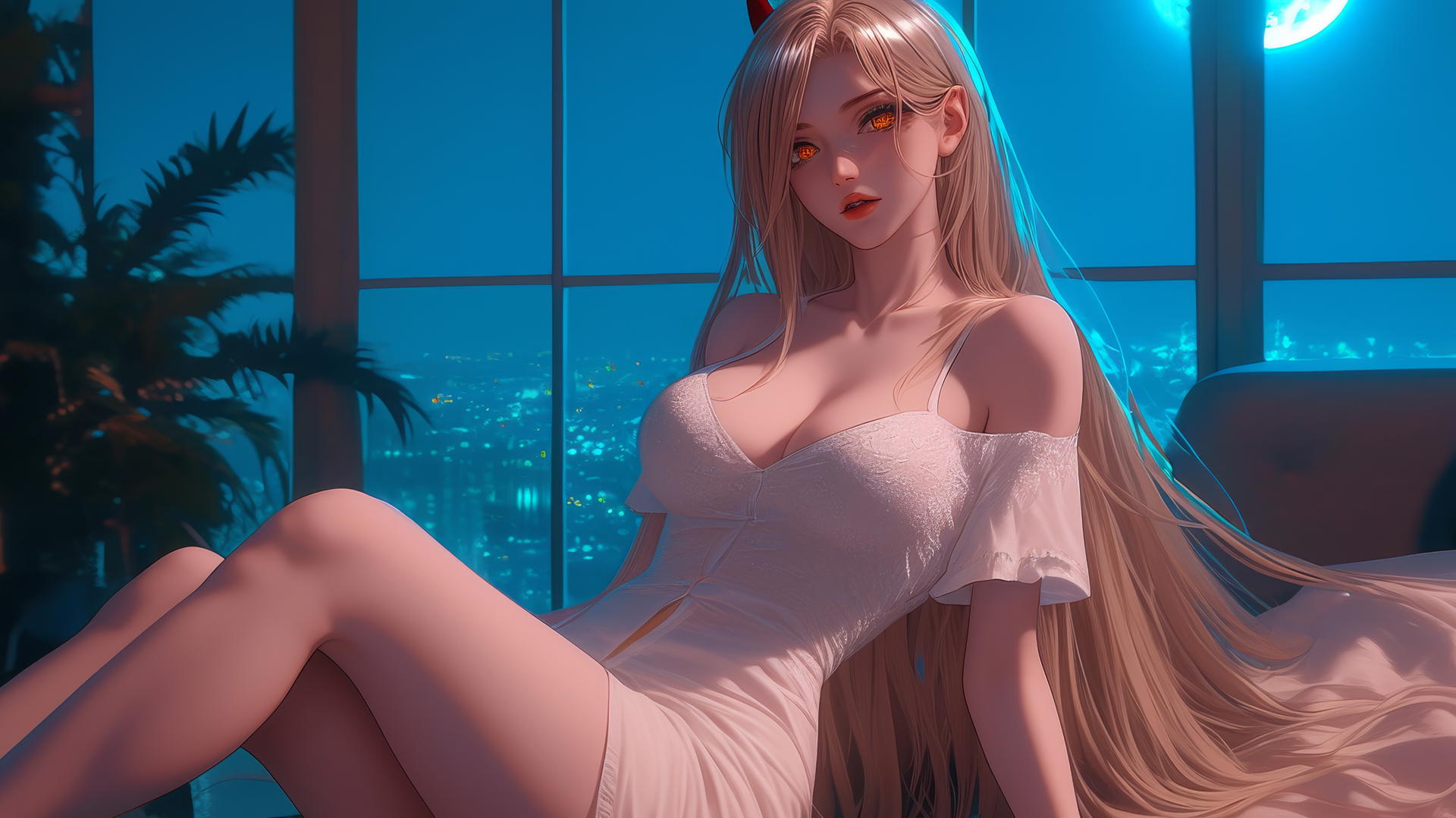 Power from Chainsaw Man resting in a modern hotel room with moonlight glow, blonde hair, red horns, yellow eyes.