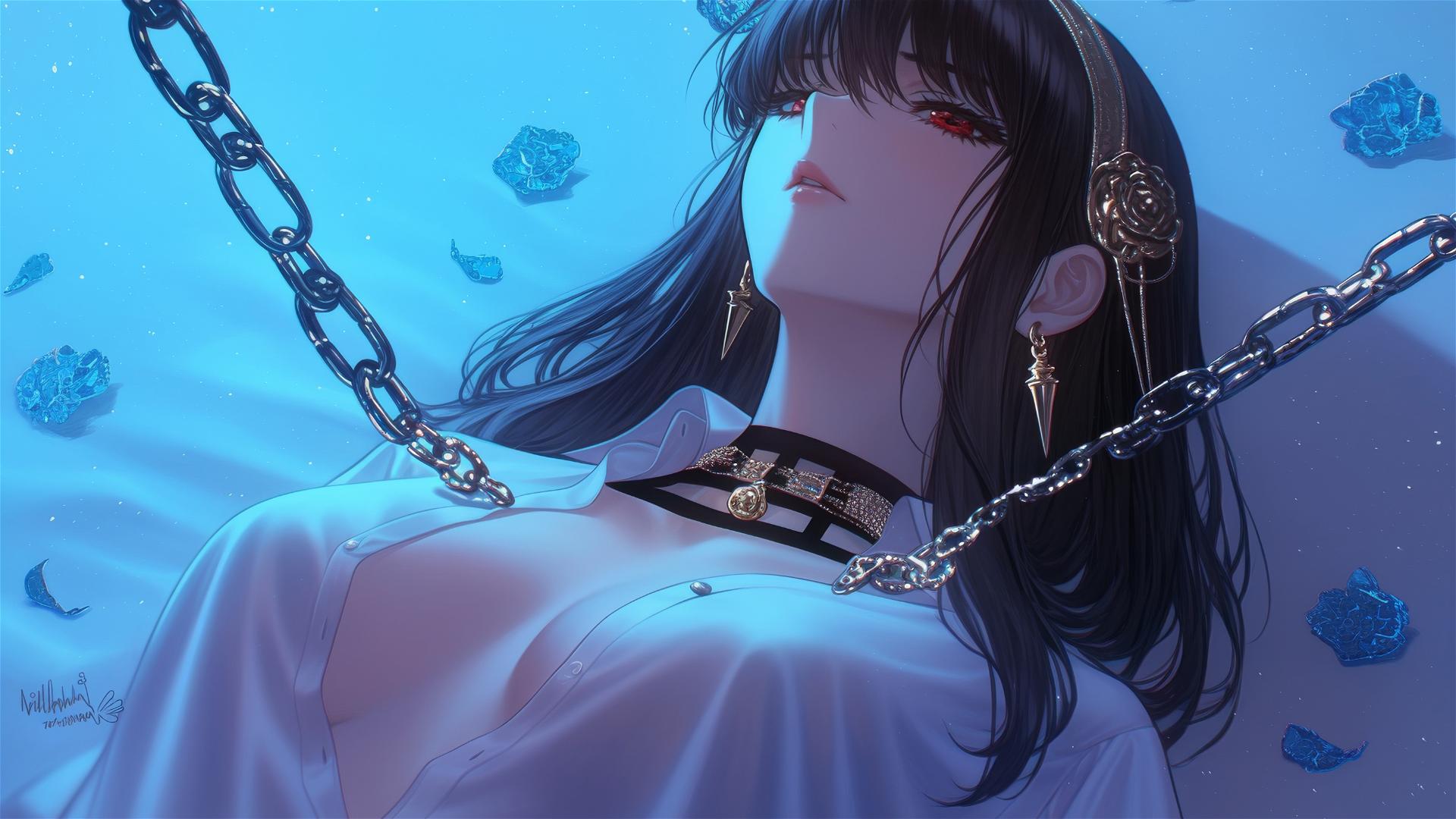 Yor Forger from Spy x Family chained in a modern hotel room with neon light.