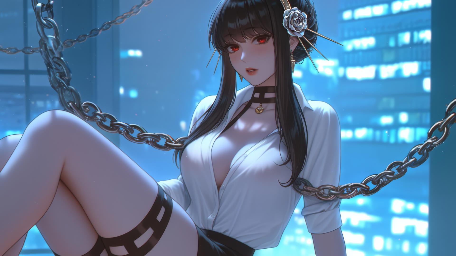 Yor Forger from Spy x Family chained in a modern hotel room with neon lights.