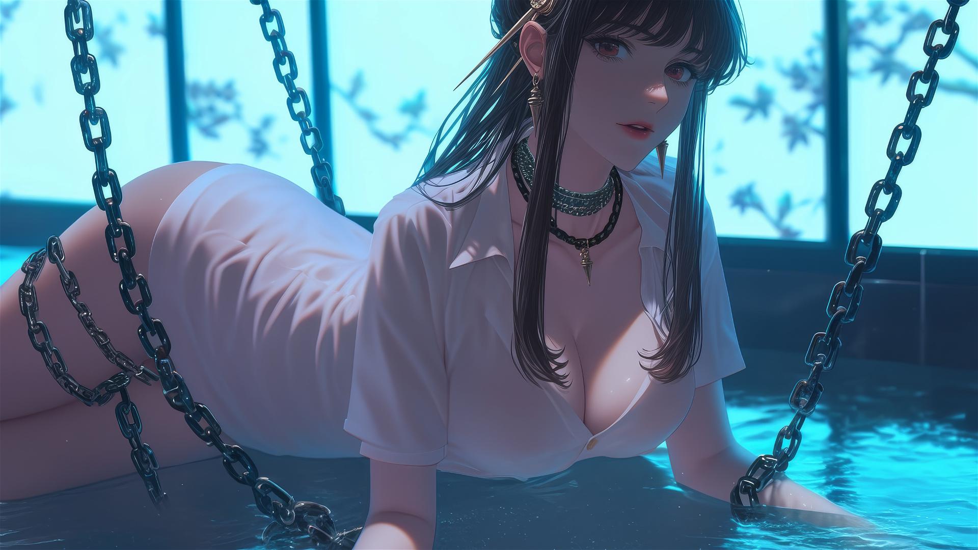 Yor Forger from Spy x Family in chains, wearing white office shirt, neon light.