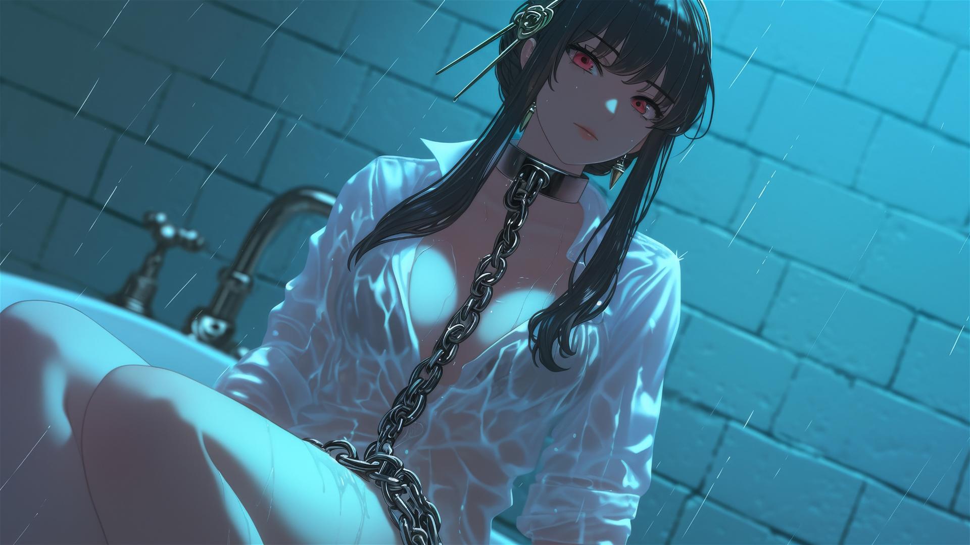Yor Forger from Spy x Family, chained at tub, neon light glow