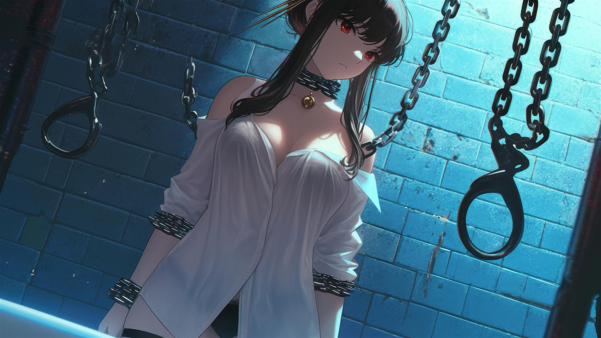 Yor Forger from Spy x Family in chains, wearing a white office shirt, lit by neon light