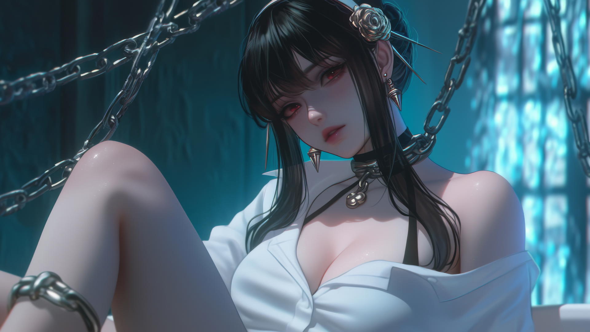Yor Forger from Spy x Family in chains, glowing neon light, thigh focus