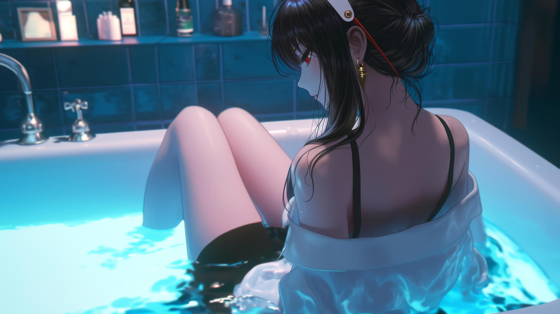 Yor Forger from Spy x Family in a white office shirt, lit by neon light, in a tub with thigh focus.